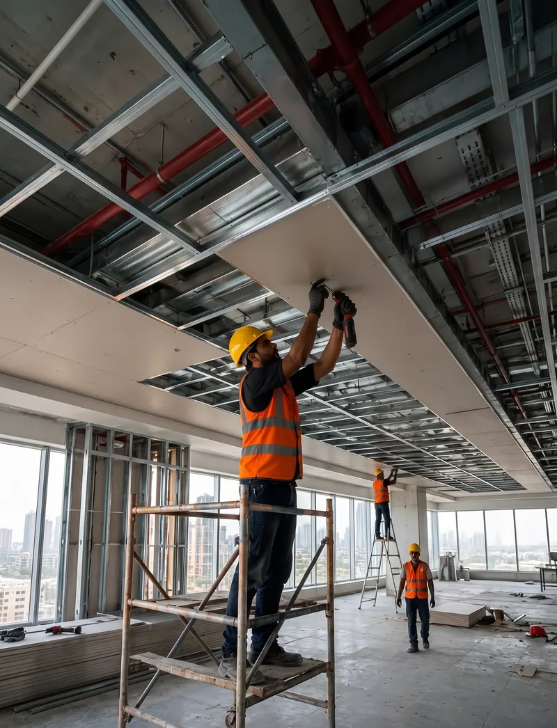 Aadesh Interiors site team installing ceiling grid and ducting from scaffolding on an active commercial fit-out floor