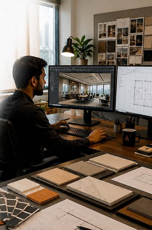 Materials and finish samples under review against a floor plan at an Aadesh Interiors design desk