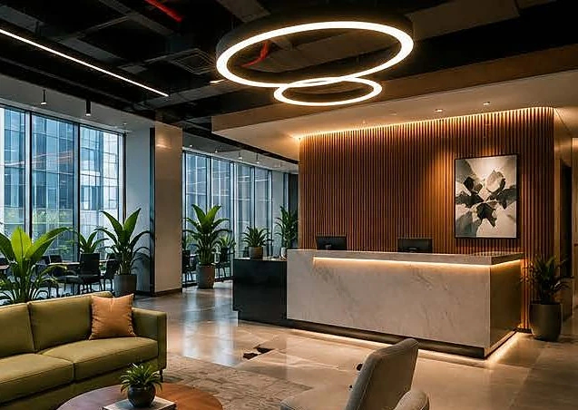 Reception and lounge seating at a completed corporate floor plate executed by Aadesh Interiors
